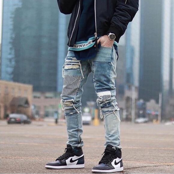 MNML Men's M74 Denim Patchwork Distressed Jeans Size 30 Streetwear Funky Cool - Picture 1 of 16